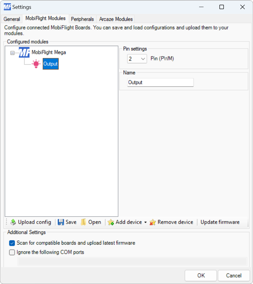Screenshot of the Modules dialog with the led configuration showing.