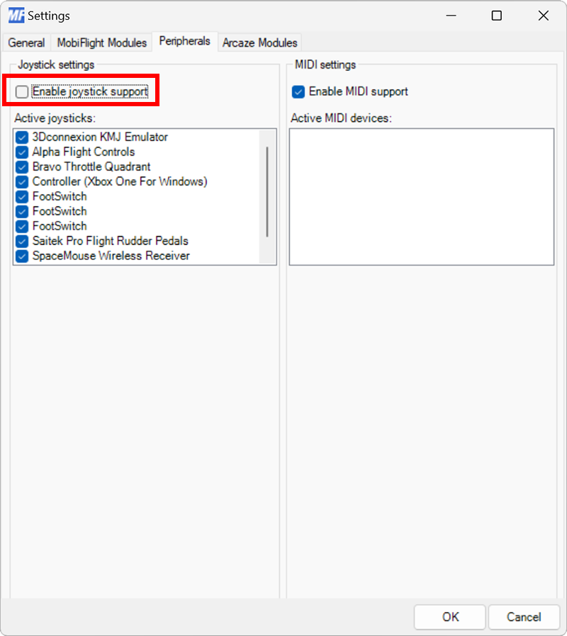 Disabling joysticks –MobiFlight documentation